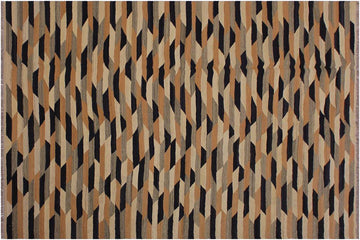 Flat Weave Kilim, Antique, Navaho, Vintage, Handmade, Modern Kilim Tan Black Hand-Woven Rectangle 100% Wool Area Rug 6 x 8